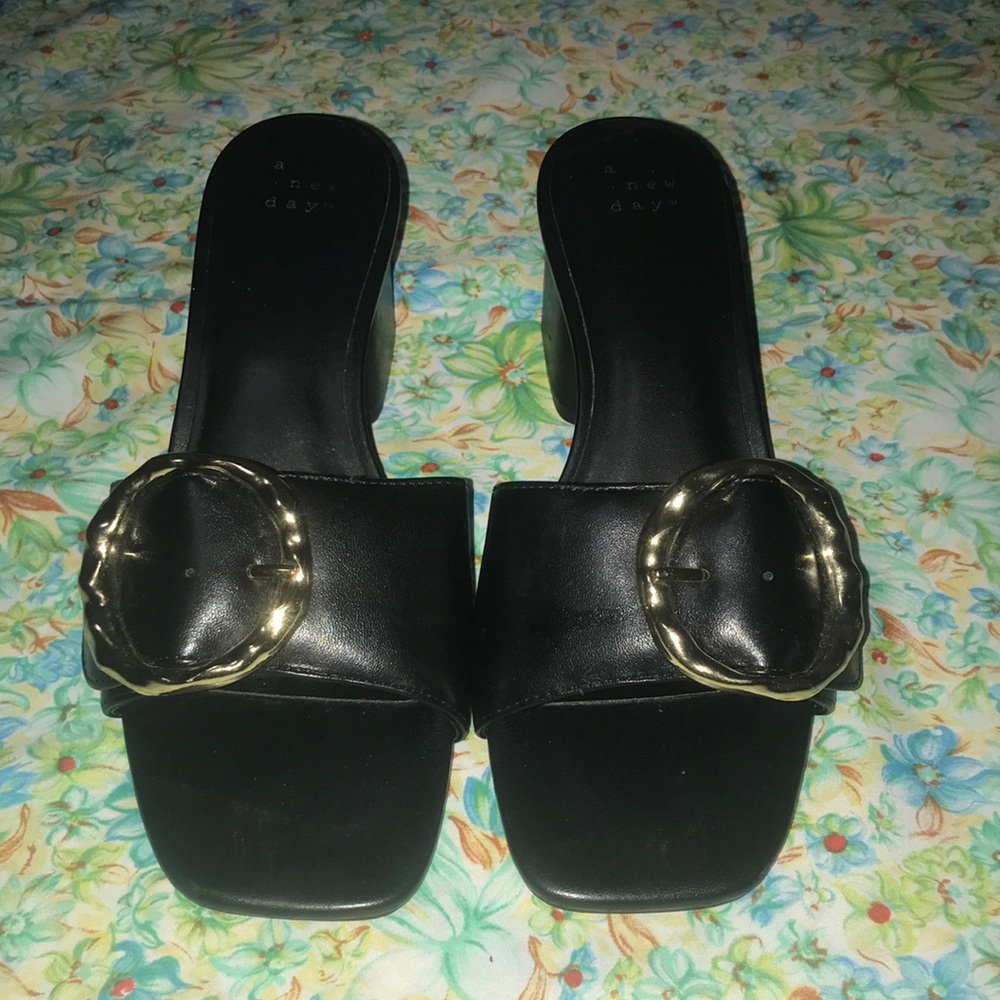 a new day Black Slide Mules with Gold Buckle